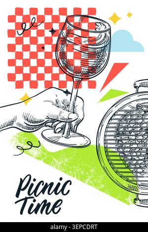 Modern vector sketch art collage illustration of BBQ grill and hand with wine glass. Hand drawn picnic poster. Design for summer barbecue party banner Stock Vector