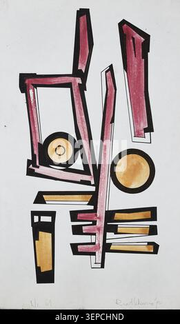 Abstract geometric artwork featuring vertical pink forms, circular accents and bold black outlines, isolated on white background. Stock Photo