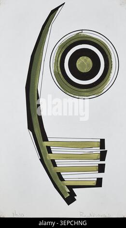 Abstract geometric artwork with concentric circular motif, curved green form and linear elements, isolated on white background. Stock Photo