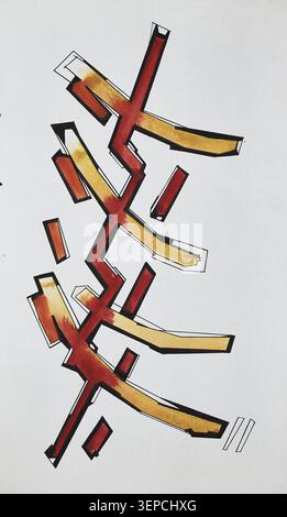 Abstract geometric artwork featuring intersecting linear forms in red and yellow tones, isolated on white background. Stock Photo