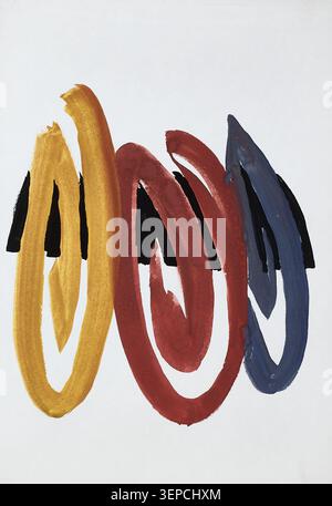 Abstract artwork featuring expressive brushstroke forms in yellow, red and blue tones, isolated on white background. Stock Photo