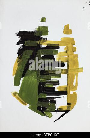 Abstract expressionist artwork featuring layered green and yellow brushstrokes with black accents, isolated on white background. Stock Photo
