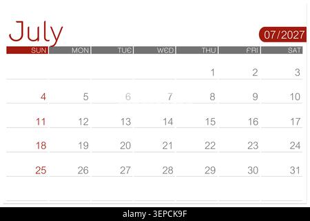 July 2027 blank calendar page isolated on white background, Save clipping path. Stock Photo