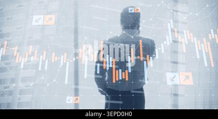 Financial trading system for stock market analysis and investment strategy with candlestick chart visualization Stock Photo