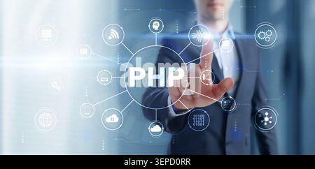 PHP hypertext preprocessor platform for server-side web development featuring interactive digital interface and network icons Stock Photo
