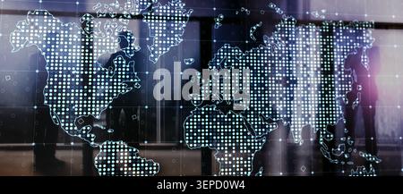 Global data visualization system for business analytics with digital map and network grid Stock Photo