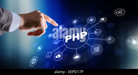 PHP hypertext preprocessor platform for web development and server-side scripting with user hand interaction Stock Photo