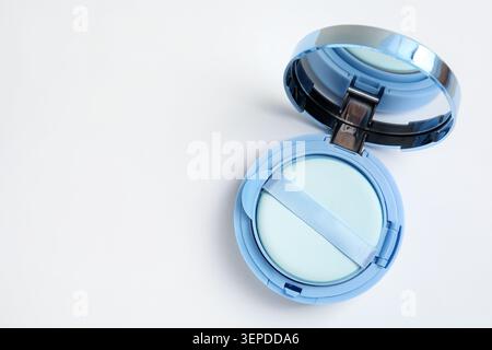 Cushion foundation on white background, top view. Space for text Stock Photo