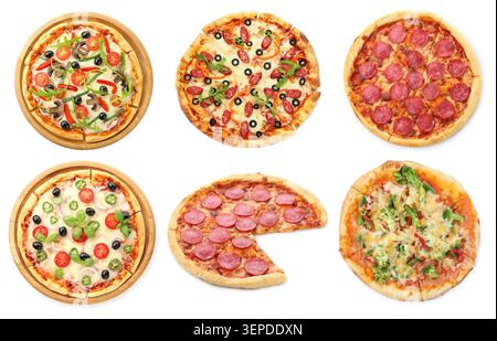 Different delicious pizzas isolated on white, set Stock Photo