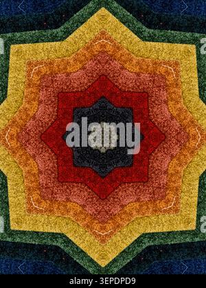 Carpet samples creating an abstract symmetrical kaleidoscope pattern with vibrant colors Stock Photo