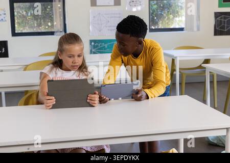 Diverse children collaborating on tablets at front classroom with patterned skirt and mustard shirt. Students, devices, learning, education, teamwork, Stock Photo