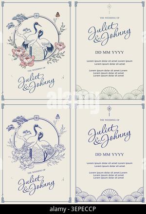Minimal Chinese wedding invitation card featuring a pair of elegant cranes with delicate peony blossoms & oriental patterns in pen sketch theme Stock Vector