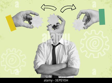 Businessman surrounded by hands holding gears for workflow delegation. Stock Photo