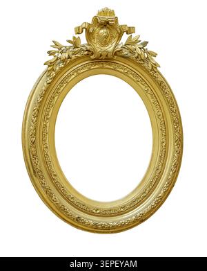 Golden ornate oval picture frame with blank copy space, isolated on white background Stock Photo