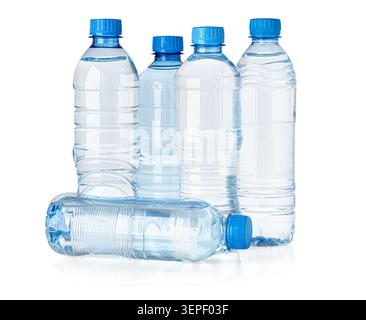 Clear plastic bottles with blue caps containing natural water for health and thirst Stock Photo