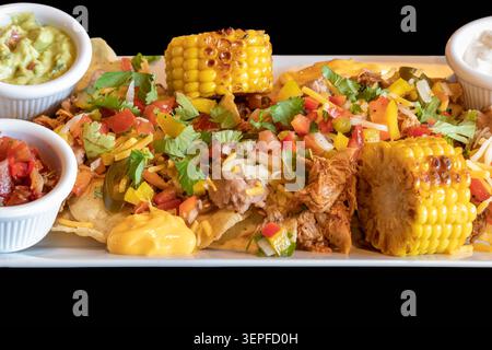 Close-up of roasted meat on tortilla and chips with grilled vegetables. The dish includes garlic, avocado and vegetable dip. The food is on a white pl Stock Photo