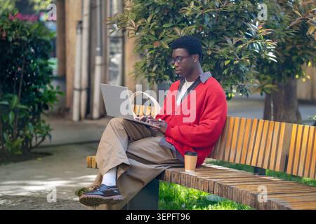 Smart confident african american man freelancer working online on laptop sitting on park bench. Stock Photo