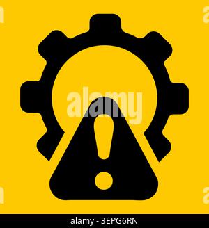 Gear with warning triangle icon, flat graphic, black yellow Stock Vector