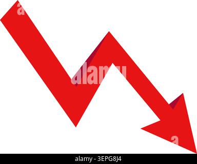 Red downward zigzag arrow, flat graphic decline symbol on white Stock Vector