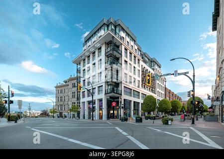 The Janion heritage hotel and mixed-use building at the corner of Government Street and Pandora Avenue in downtown Victoria, British Columbia, Canada. Stock Photo