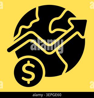 Black globe with rising arrow and dollar coin on yellow background Stock Vector