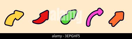 Row of curved arrow icons cartoon outlined multicolor on beige Stock Vector