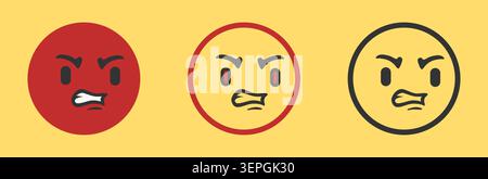 Three angry face emoji icons flat red yellow outline on beige Stock Vector