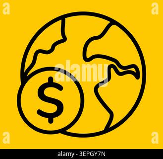 World globe with dollar coin icon line art yellow background Stock Vector