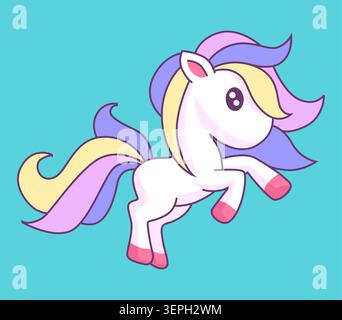 Cartoon unicorn illustration pastel pink purple yellow on teal Stock Vector