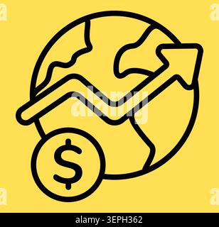 Global finance growth icon black outline on yellow background Stock Vector