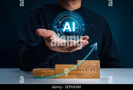 Businessman presenting AI technology with growth chart and strategic blocks. AI business growth, digital transformation, innovation strategy, planning Stock Photo