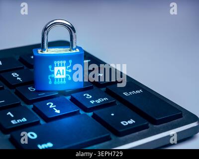 AI cybersecurity and data protection concept featuring secure AI system lock on computer keyboard. AI security, digital privacy, encrypted data protec Stock Photo