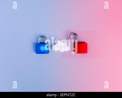 Cybersecurity and secure cloud infrastructure concept showing protected and vulnerable cloud systems. Cyber resilience, cloud vulnerability, data secu Stock Photo