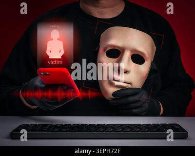 Scammer using AI deepfake technology with fake face and voice cloning through smartphone to deceive victims. AI impersonation, scam calls, phishing at Stock Photo