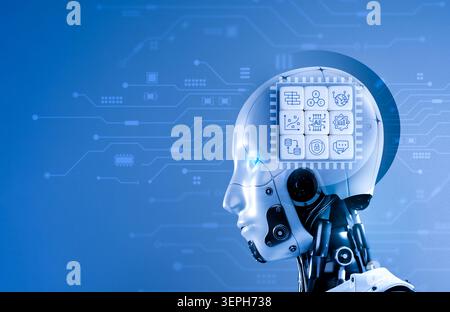 Humanoid robot with AI processor and digital interface on futuristic blue background. Artificial intelligence, machine learning, smart automation, neu Stock Photo