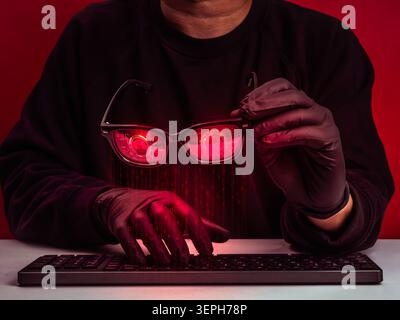 AI powered scammer using smart glasses and facial recognition technology for cybercrime and digital surveillance. AI assisted fraud, cyber espionage, Stock Photo