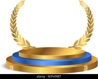 Golden podium stage with laurel wreath, luxury award victory element. Vector illustration Stock Vector