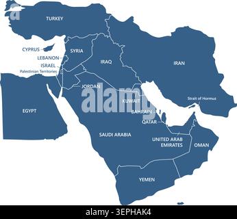 Middle East Political Map with Country Borders and Names. Vector Illustration Stock Vector