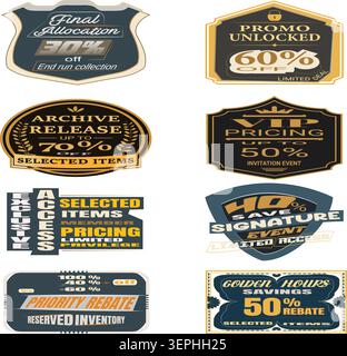 Premium luxury sale badge collection featuring exclusive access, VIP pricing, promo unlocked and discount labels for retail marketing. Stock Vector