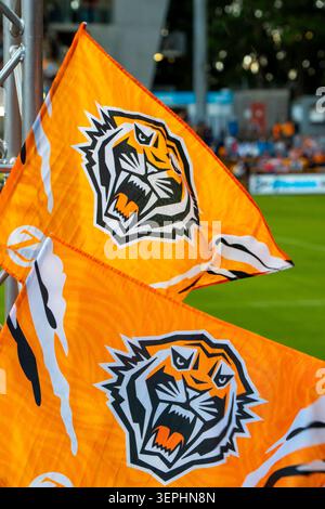 Two fluttering Wests Tigers fans flags at Leichhardt Oval at the last game of the 2026 season and for the next two years due to major renovations Stock Photo