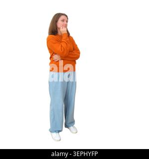 Woman wearing orange sweater jeans standing and thinking. Concerned female person looking away with hand on chin. Isolated white background. Thoughtfu Stock Photo