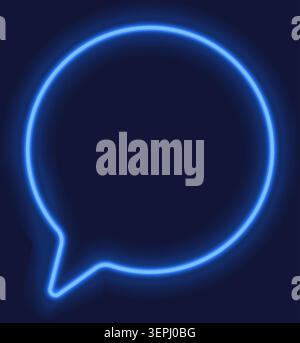 Neon speech bubble outline glowing blue circular chat icon on dark Stock Vector