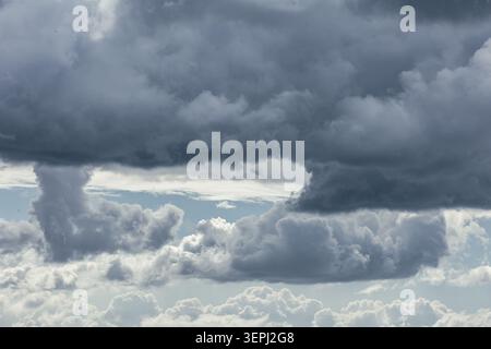 Dramatic sky. Dark gray overcast clouds background photo Stock Photo