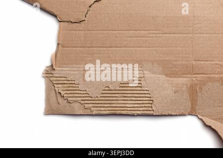 Torn cardboard edge with brown rough uneven texture and crisp ridges isolated on white background Stock Photo