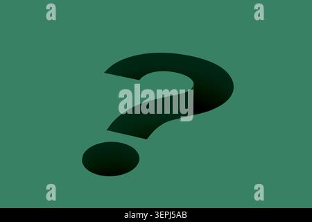 Question mark shape cut into a deep green surface, creating a void representing mystery and seeking information Stock Photo