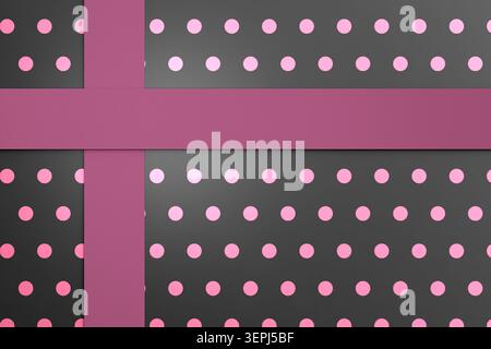 Minimalist conceptual background of a gift package wrapped with pink ribbon on dark polka dot surface Stock Photo