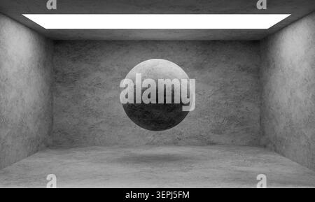 Futuristic minimal room with a levitating stone sphere in a gray concrete interior Stock Photo
