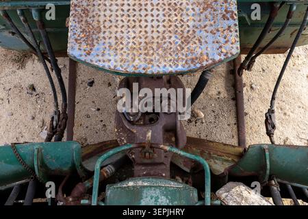 Rusted train car coupling mechanism from above Stock Photo