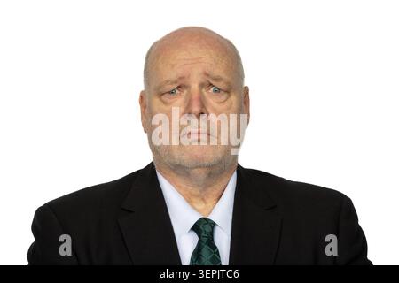 Businessman Portrait Looking Confused at Camera Isolated on White Background Stock Photo
