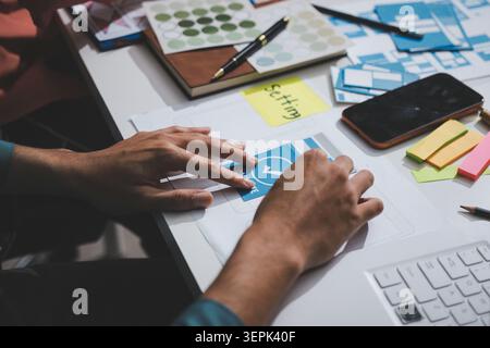 UI designer and UX developer brainstorm idea to design the application appearance in the early stage. Creative digital development agency. UX UI conce Stock Photo